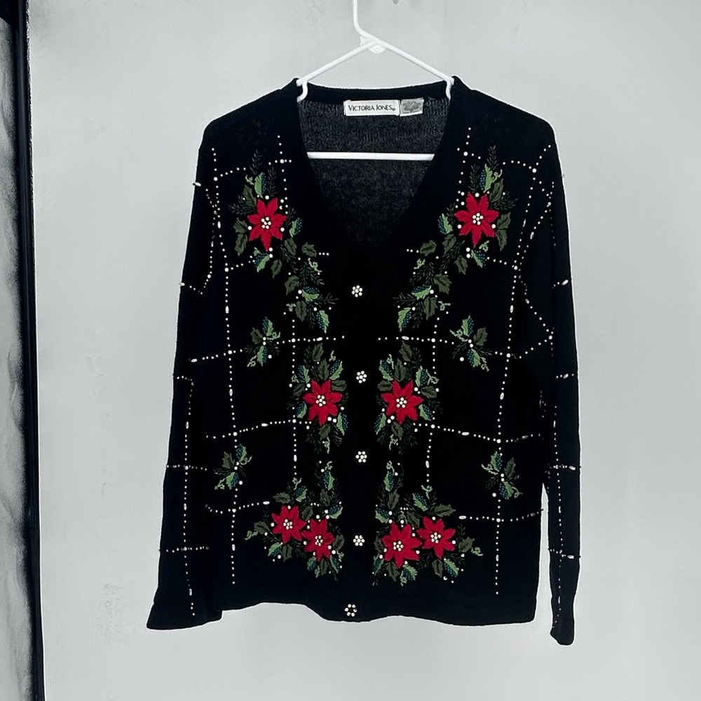 Victoria Jones Vintage Beaded Embroidered Poinsettia Cardigan Sweater Size Med